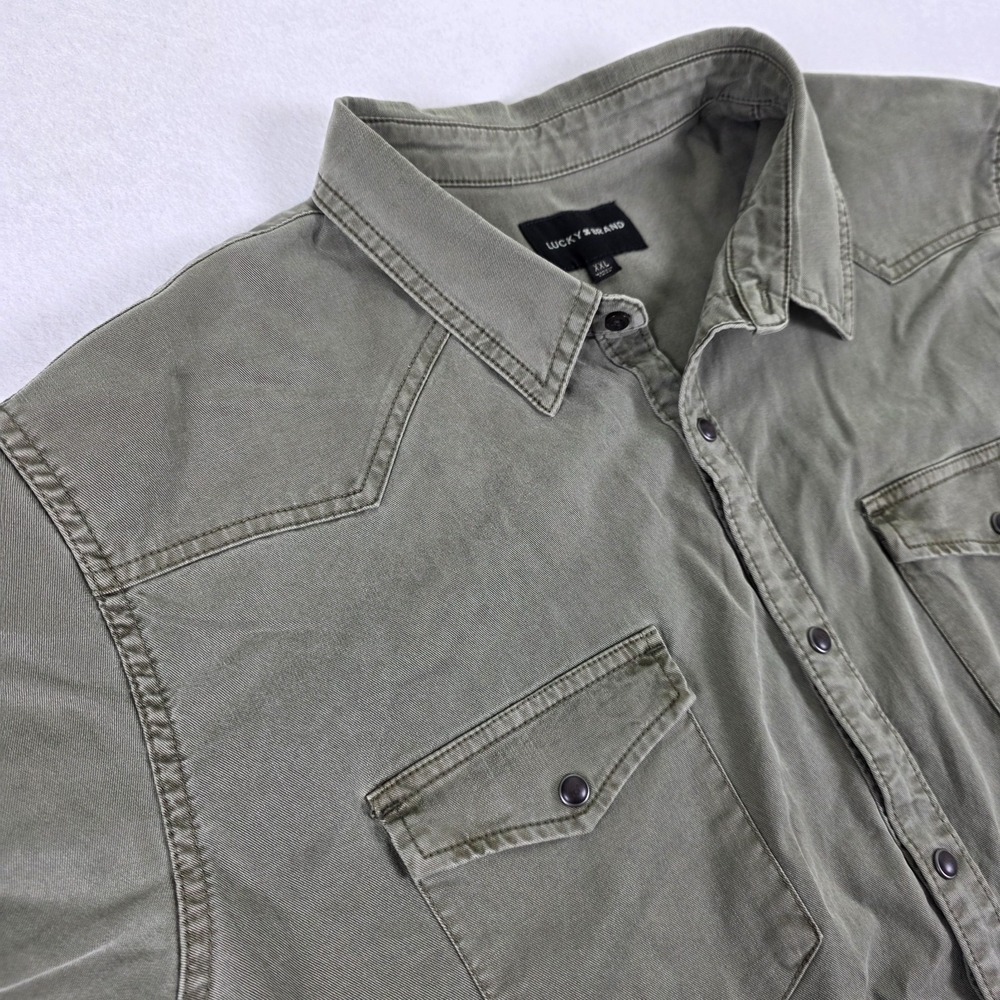 Lucky Brand XXL Short Sleeve Button Up Shirt Olive Green Utility Pockets
